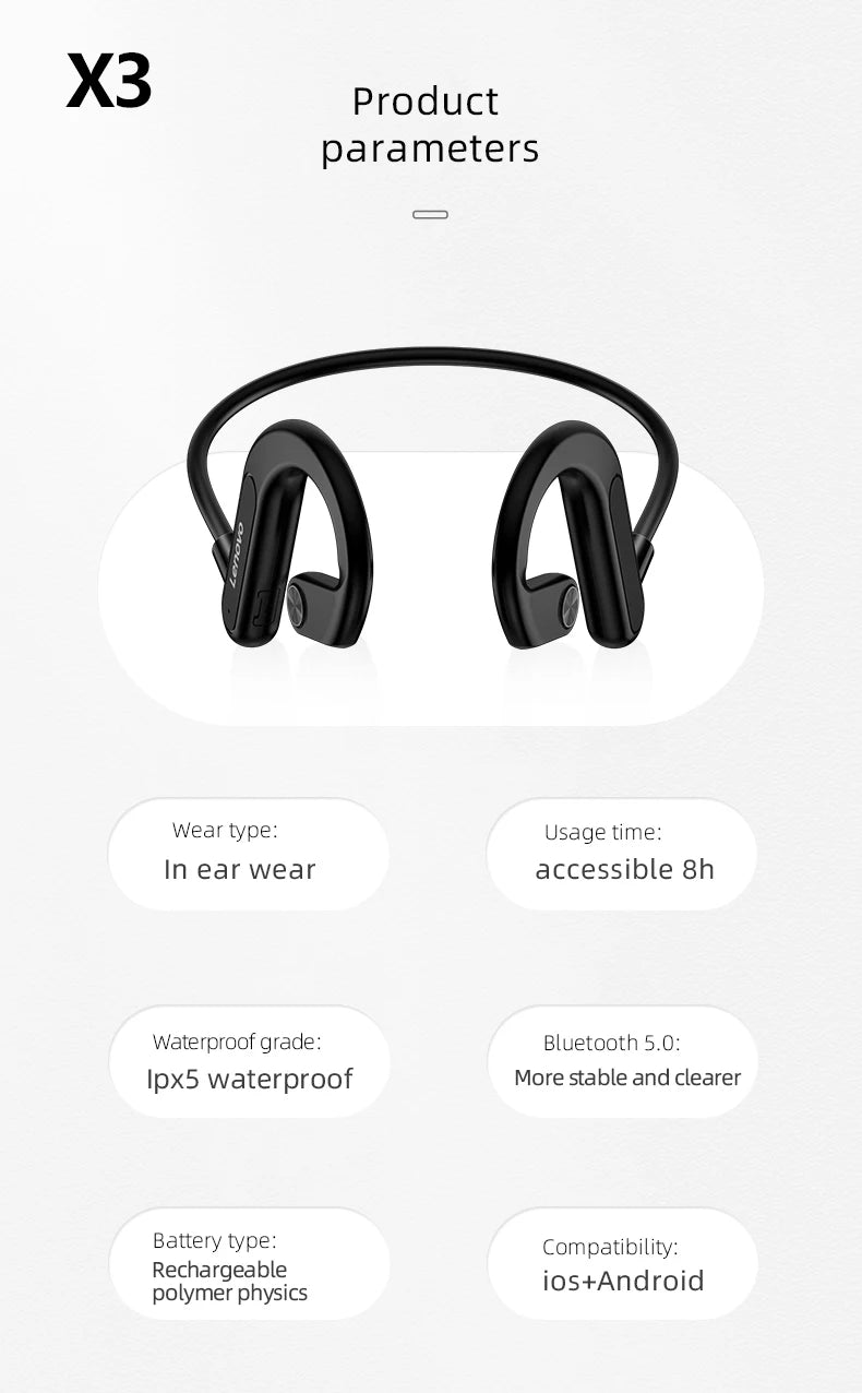 Lenovo X4 X5 X3 Pro Bone Conduction Earphones Wireless Headphones Bluetooth Earphones Headset Hifi Wireless Earbuds