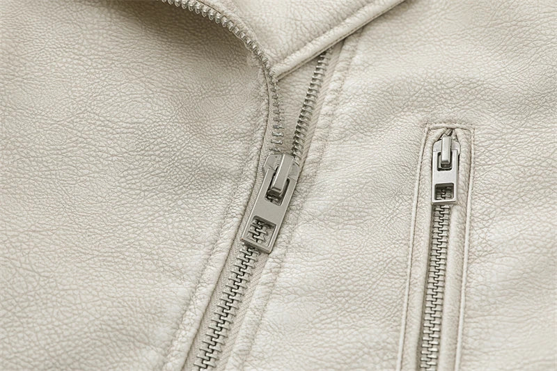 ZVRI 2024 Women Vintage Loose Pu Faux Leather Short Jacket with Belt Streetwear Female Zipper Retro Moto Biker Coat Outwear Tops