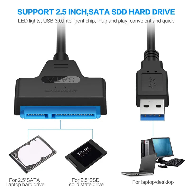 SATA To USB 3.0 / 2.0 Cable For 2.5 Inch External HDD SSD Hard Drive SATA 3 22 Pin Adapter USB 3.0 To Sata III Cord Up to 6 Gbp