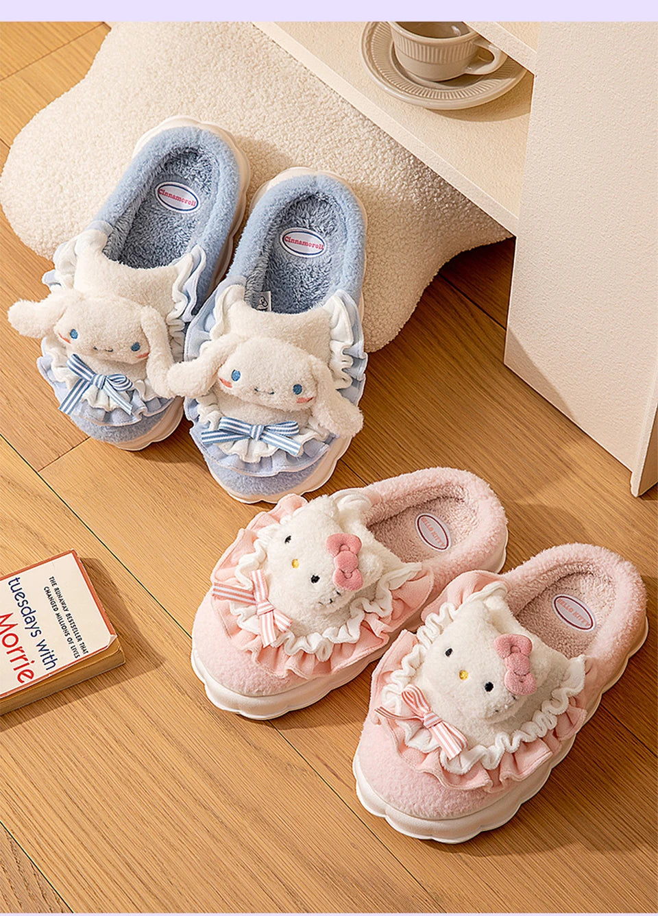 Sanrio Kawaii Cinnamoroll Womens Slippers Kuromi Hello Kitty Plush Cartoon Cute Sweet Suitable Indoor Outdoor Winter Shoes