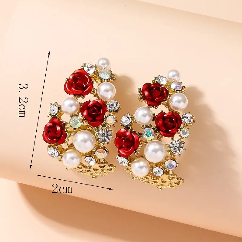 Korean Earrings, high-end hollowed out C-shaped half ring earrings, French pearl shell roses