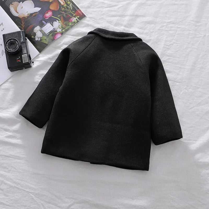 Autumn Winter Boys Fashion Jacket Solid Color Lapel Double-Breasted Long Woollen Overcoat For 2-6 Years Boys Handsome Outwear