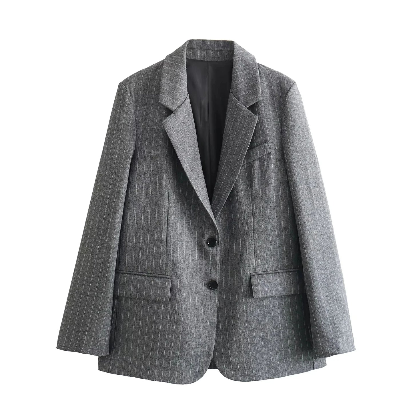 TRAF 2024 Spring Women Fashion Grey 2 Piece Sets Woman Pinstripes Pockets Slim Blazer Coat + Zipper Versatile Female Mini Skirts