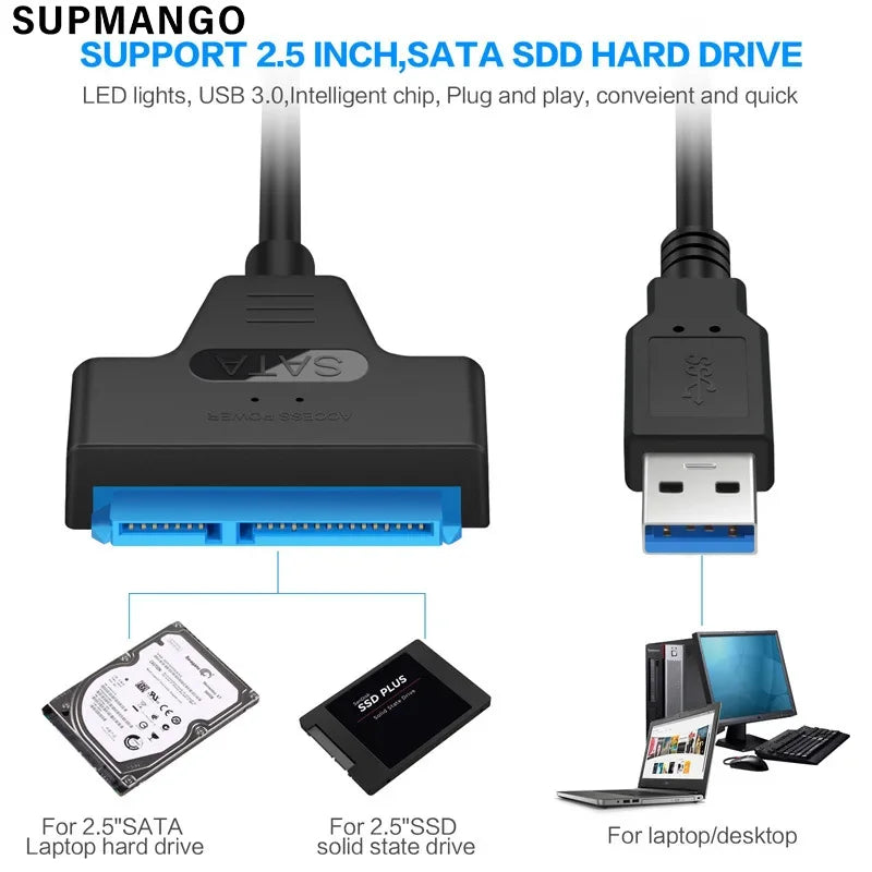 SATA To USB 3.0 / 2.0 Cable For 2.5 Inch External HDD SSD Hard Drive SATA 3 22 Pin Adapter USB 3.0 To Sata III Cord Up to 6 Gbp