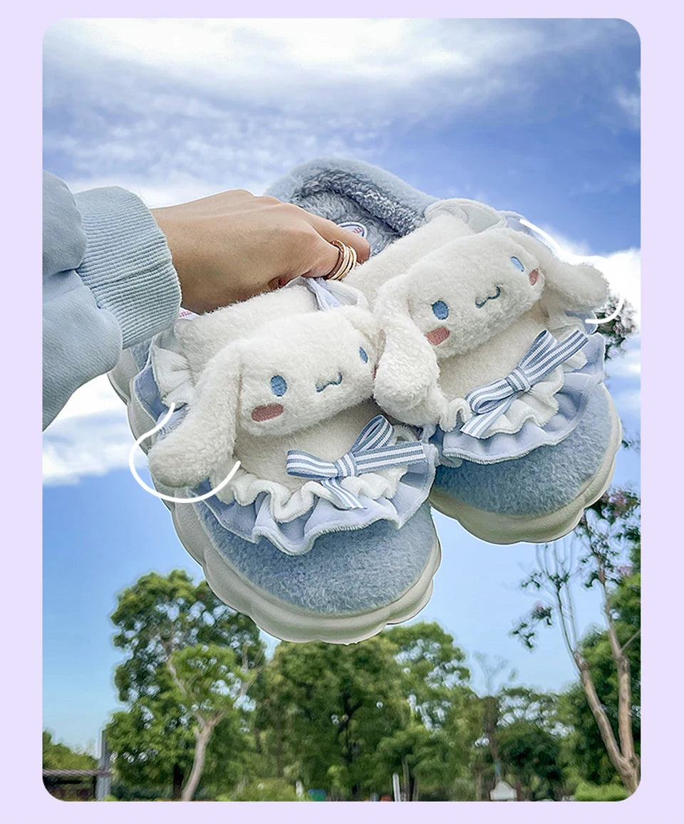 Sanrio Kawaii Cinnamoroll Womens Slippers Kuromi Hello Kitty Plush Cartoon Cute Sweet Suitable Indoor Outdoor Winter Shoes