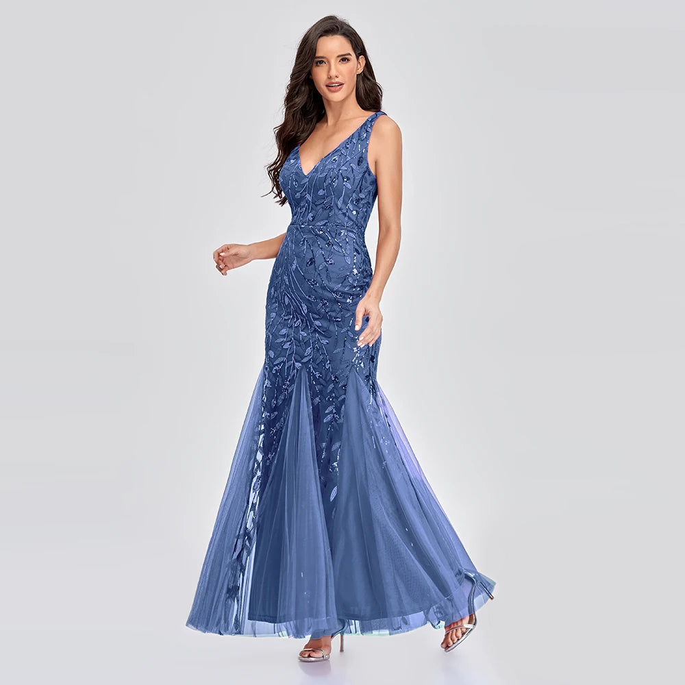 Sleeveless V-neck Tulle Sequins Cocktail Dresses V-back Mermaid Party Prom Gowns Women Formal Occasion Embroidered Robe Vestioes