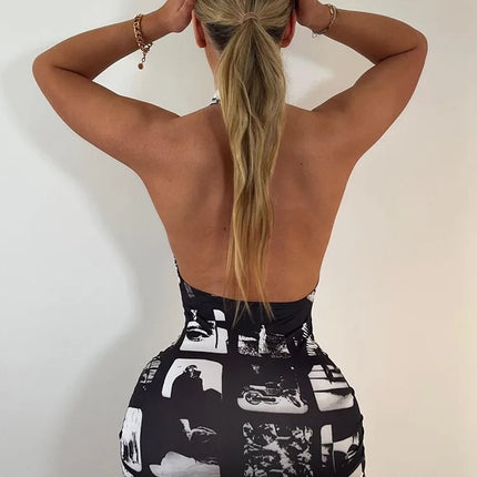 Hugcitar Vintage Print Halter Sleeveless Backless Sexy Slim Bodycon Mini Dress 2023 Summer Y2K Outfit Streetwear Nightclub Biker