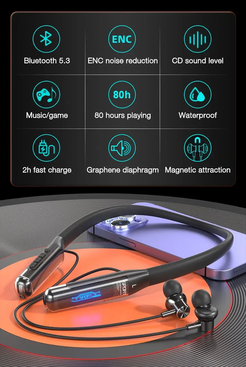 EARDECO 80 Hours Endurance Bluetooth Sport Headphone with Mic Wireless Headphones Bass Stereo Neckband Earphones Bluetooth 5.3