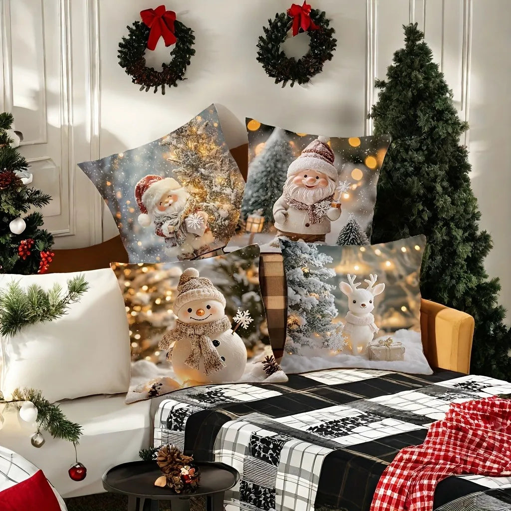 New Christmas Art Cute Christmas Tree Santa Snowman Deer Pattern Pillowcase Home Decoration Pillowcase