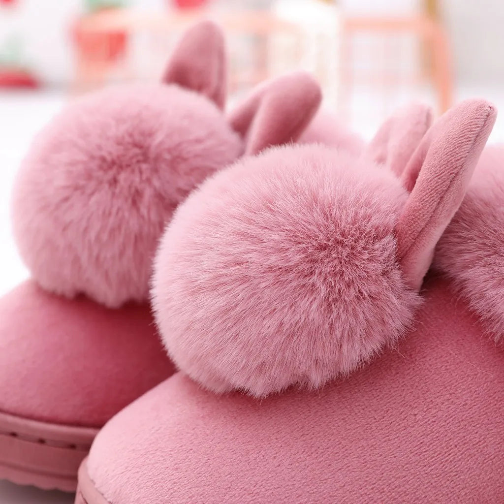 Winter Warm Home Fur Slippers Womens Indoor Home Rabbit Shoe Furry Ears Footwear Indoor Bedroom Flat Heels Fluffy Slippers Shoes