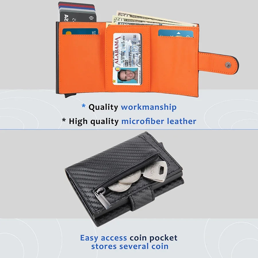 DIENQI Carbon Fiber Rfid Wallet Male Money Card Holder Pocket Mini Wallet Women Men Smart Purses Automatic Pop Up Valet Walet