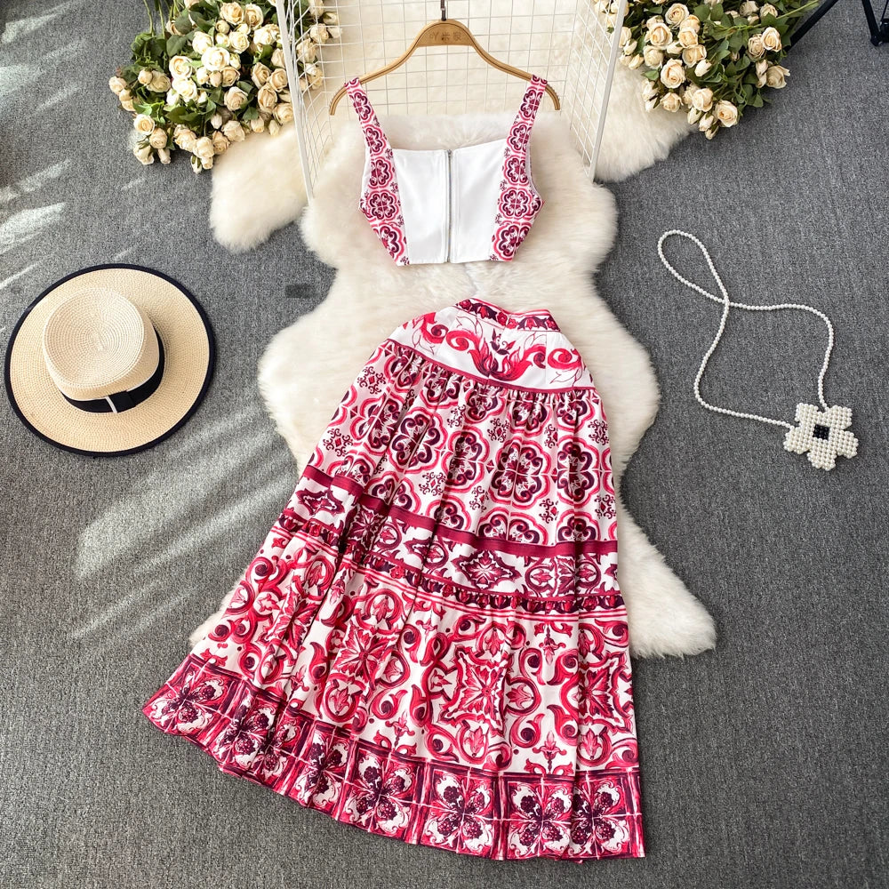 JAMERARY Summer Runway Blue And White Porcelain Two Piece Set Women Flower Print Short Crop Top + Holiday Beach Maxi Skirt Suits