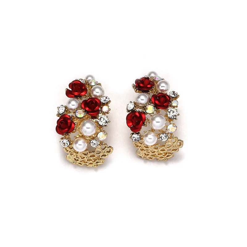 Korean Earrings, high-end hollowed out C-shaped half ring earrings, French pearl shell roses