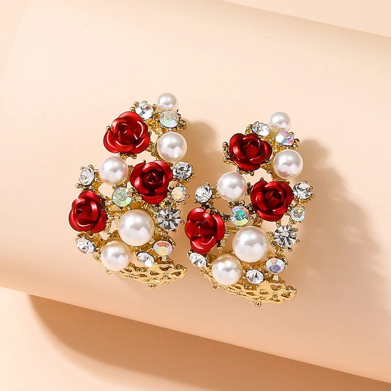 Korean Earrings, high-end hollowed out C-shaped half ring earrings, French pearl shell roses