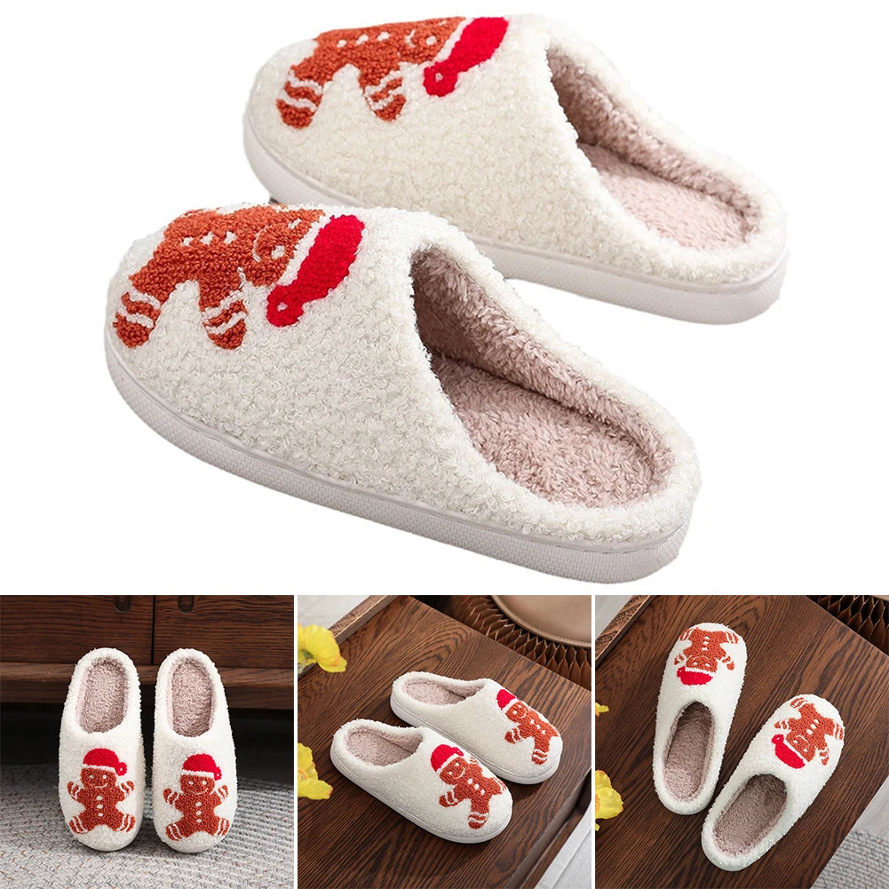 Christmas Slippers Female Home Fluffy Flip flops Winter Women Girls Indoor Cute Deer Gingerbread Man Warm House Plush Shoes