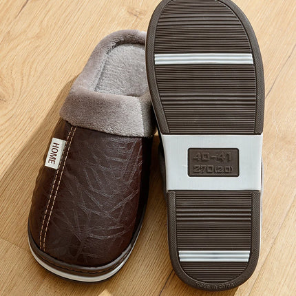 Men's Big Size Winter slippers Indoor PU Leather Home Waterproof Fluffy Casual Slides Men Bedroom Comfy Shoes Houseshoes