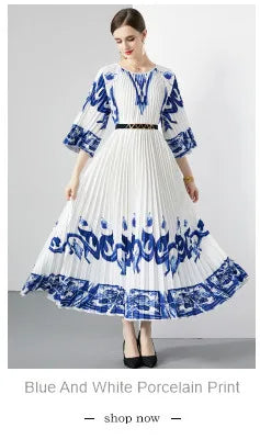 JAMERARY Summer Runway Blue And White Porcelain Two Piece Set Women Flower Print Short Crop Top + Holiday Beach Maxi Skirt Suits