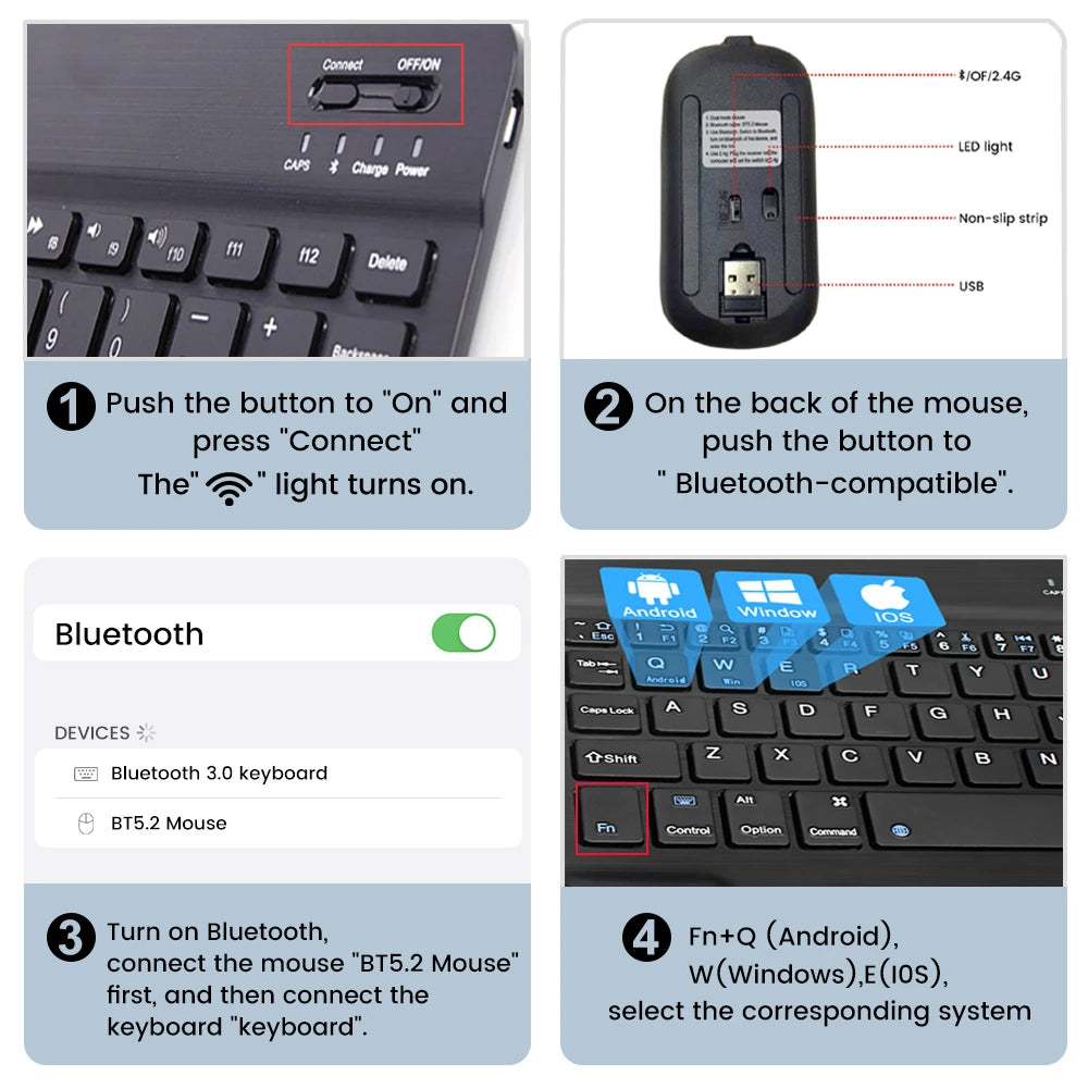 For iPad Backlit Backlight Bluetooth Keyboard Mouse For IOS Android Windows Portuguese Arabic Russian Spanish keyboard and Mouse
