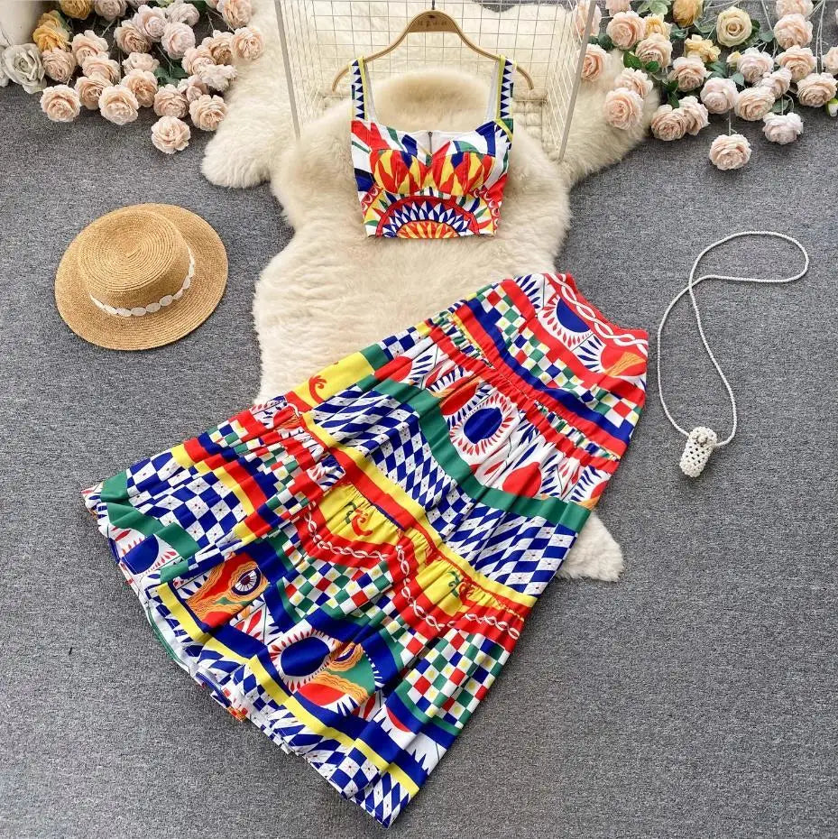 JAMERARY Summer Runway Blue And White Porcelain Two Piece Set Women Flower Print Short Crop Top + Holiday Beach Maxi Skirt Suits