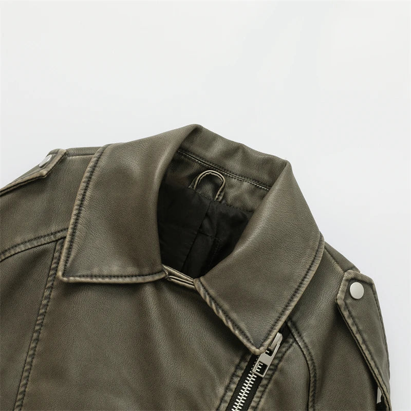ZVRI 2024 Women Vintage Loose Pu Faux Leather Short Jacket with Belt Streetwear Female Zipper Retro Moto Biker Coat Outwear Tops