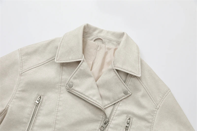 ZVRI 2024 Women Vintage Loose Pu Faux Leather Short Jacket with Belt Streetwear Female Zipper Retro Moto Biker Coat Outwear Tops