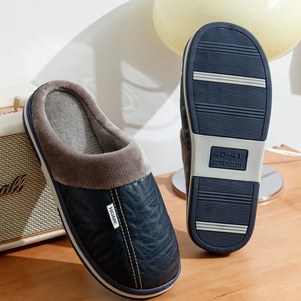 Big Size Winter Casual Men's Slippers Indoor Waterproof PU Leather Home Shoes Fur Flat Warm Fashion Bedroom Houseshoes