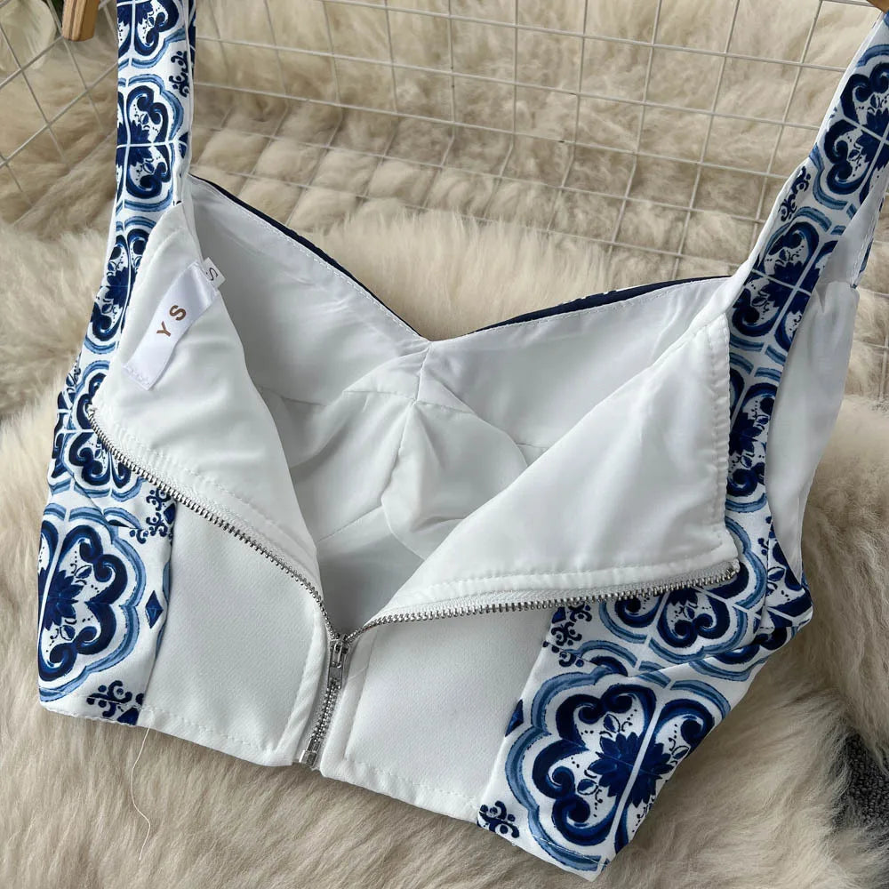 JAMERARY Summer Runway Blue And White Porcelain Two Piece Set Women Flower Print Short Crop Top + Holiday Beach Maxi Skirt Suits