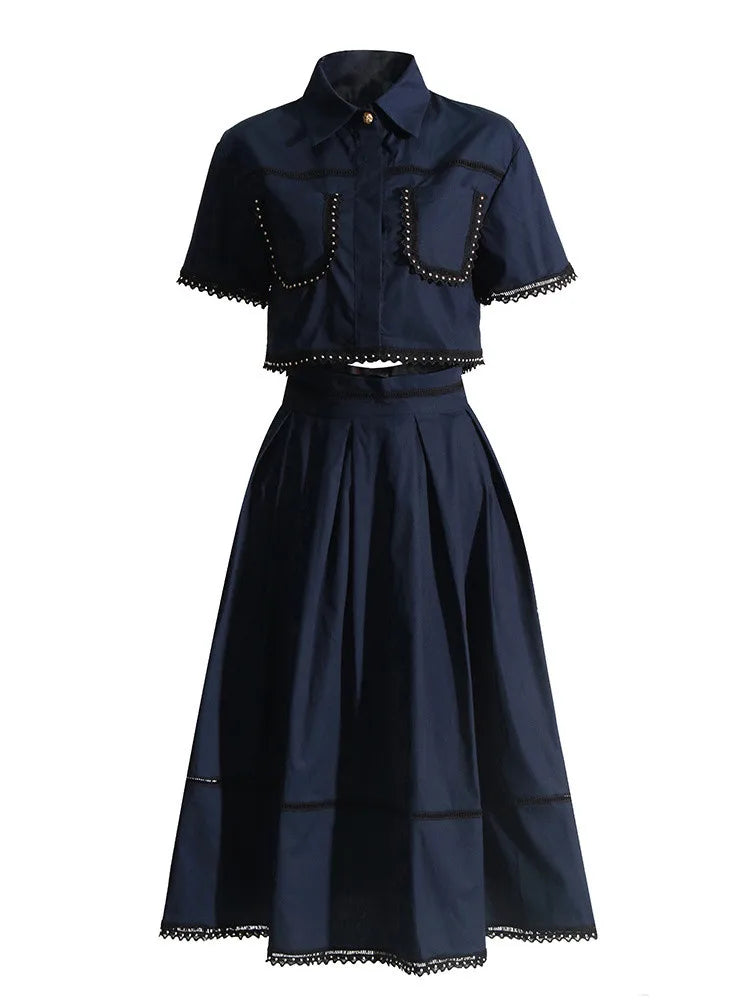 TWOTWINSTYLE Casual Two Piece Set For Women Lapel Short Sleeve Top High Waist A Line Skirt Minimalist Sets Female Fashion New