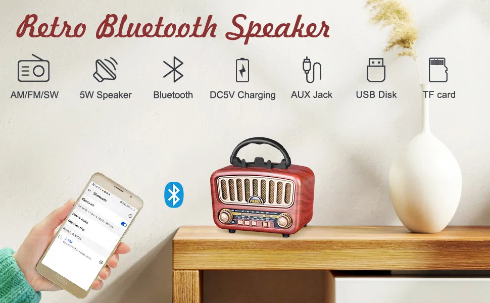 J-180 Retro Radio Bluetooth Speaker AM/FM/SW Clear Stereo Sound Quality TF/USB/Headphones Player Rechargeable Retro Radios