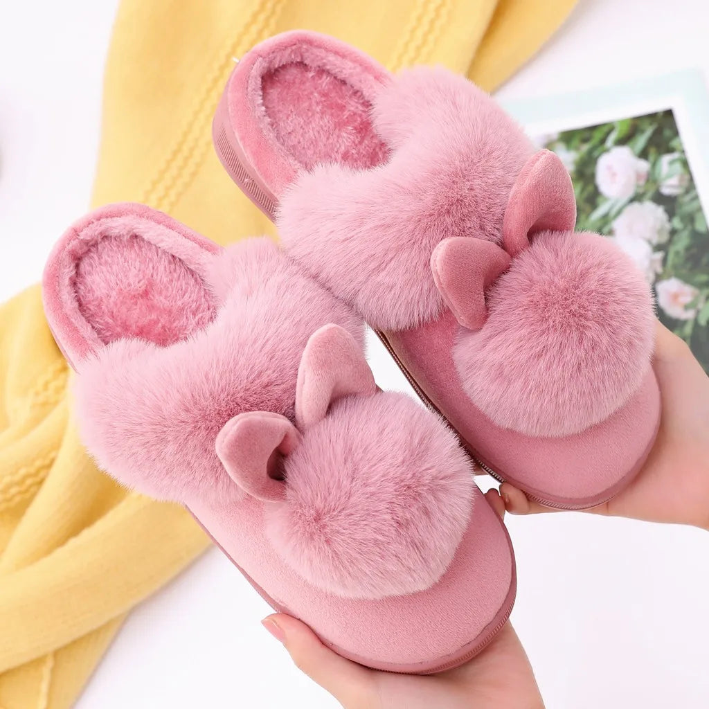 Winter Warm Home Fur Slippers Womens Indoor Home Rabbit Shoe Furry Ears Footwear Indoor Bedroom Flat Heels Fluffy Slippers Shoes