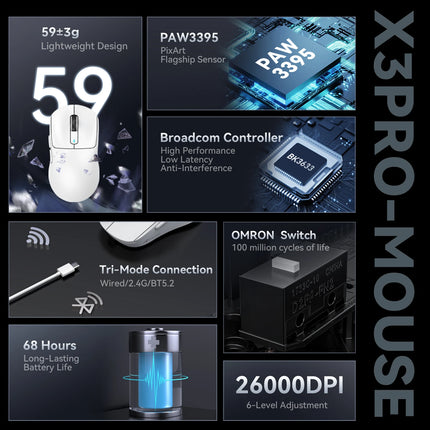 Attack Shark X3orX3Pro  PixArt 1K/4K lightweight,3-mode macro wireless gaming mouse,26K DPI PAW3395,suitable for laptop/Win/Mac