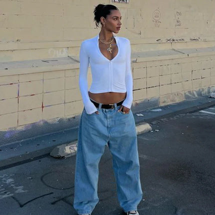 Huhugirl Summer Sexy Club Tees Zipper Tshirts Women Solid Tops Fashion Long Sleeveless V-Neck Streetwear Mini Slim Tops Blusas