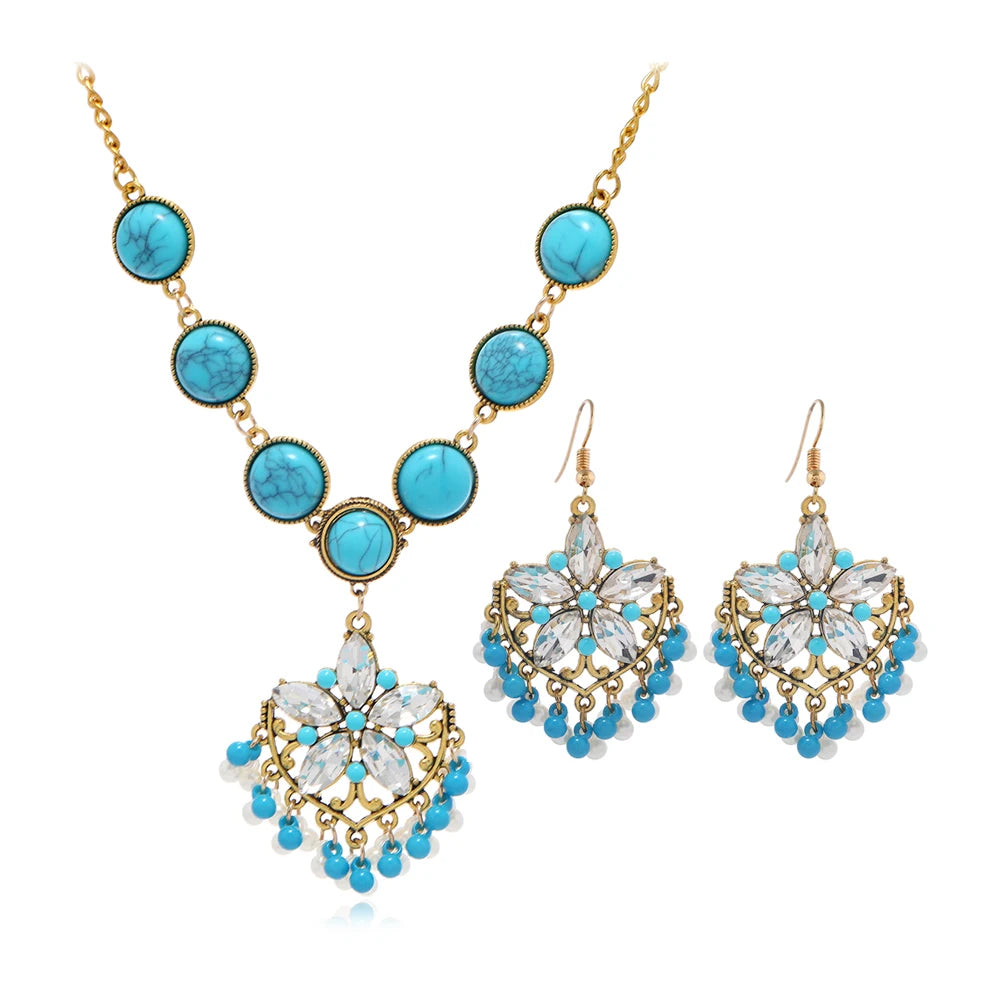 3pcsTurquoise five flower set luxury retro necklace earrings jewelry set niche high sense female jewelry set.