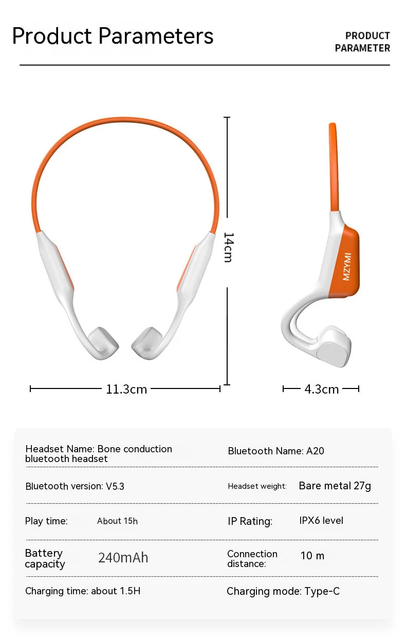 MZYMI A20 Bone Conduction Neckband Wireless Earphones Mijia Bluetooth Headphones Sports Over Ear Headset With Mic Stereo Earbud