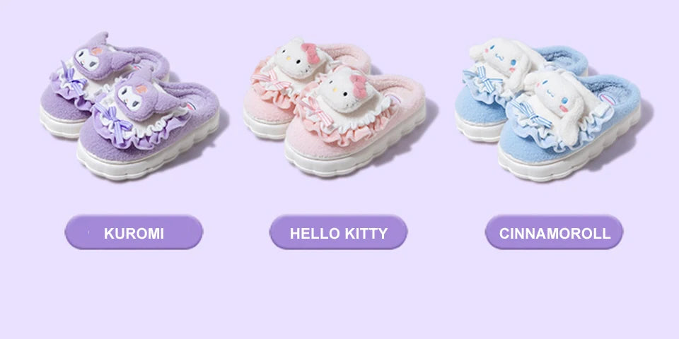 Sanrio Kawaii Cinnamoroll Womens Slippers Kuromi Hello Kitty Plush Cartoon Cute Sweet Suitable Indoor Outdoor Winter Shoes