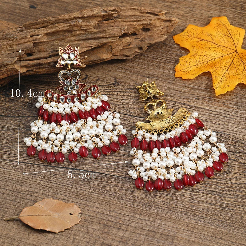 Middle Eastern Vintage Earrings Pearl Tassel Women's Earrings Half Round Flat Beads Colorful Cool Earrings