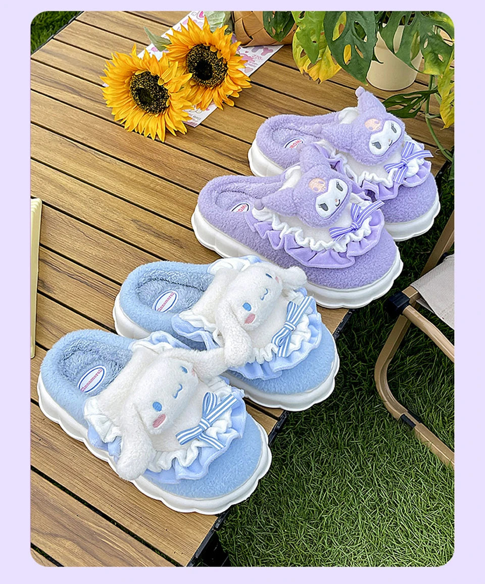 Sanrio Kawaii Cinnamoroll Womens Slippers Kuromi Hello Kitty Plush Cartoon Cute Sweet Suitable Indoor Outdoor Winter Shoes