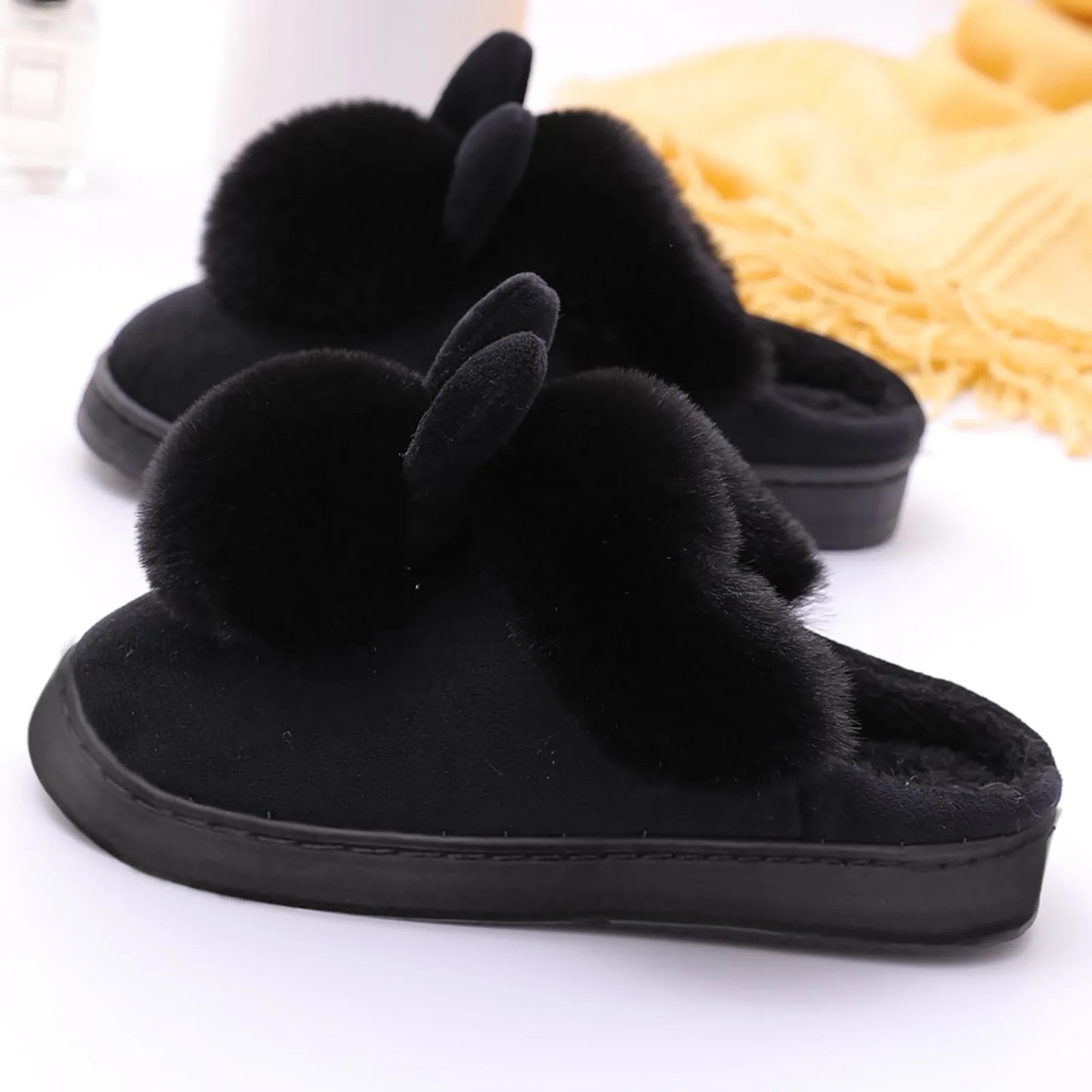 Winter Warm Home Fur Slippers Womens Indoor Home Rabbit Shoe Furry Ears Footwear Indoor Bedroom Flat Heels Fluffy Slippers Shoes