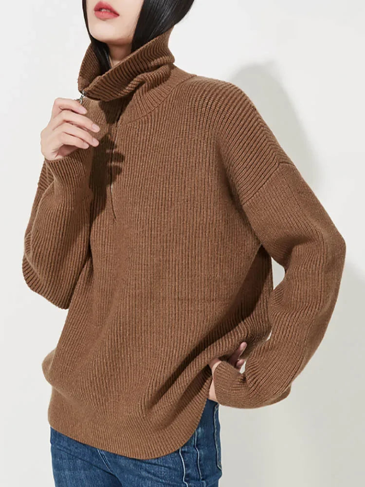 Women's Winter Sweaters Solid Grey Ladies Turtleneck Casual Loose Thick Zippers Pullovers Beautiful Oversized Sweater Women