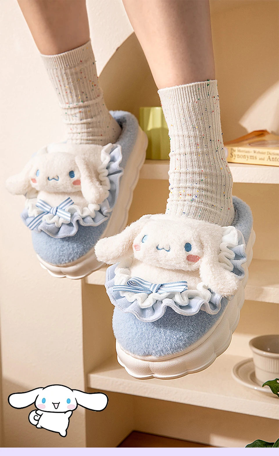 Sanrio Kawaii Cinnamoroll Womens Slippers Kuromi Hello Kitty Plush Cartoon Cute Sweet Suitable Indoor Outdoor Winter Shoes