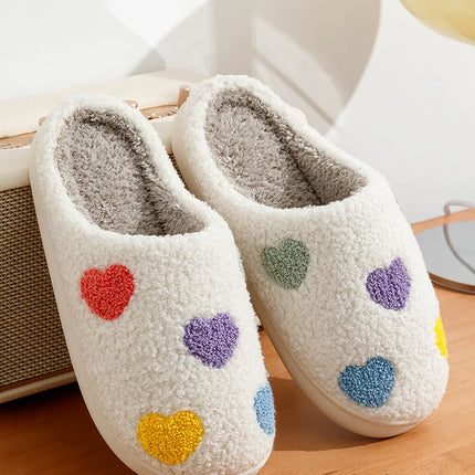 Cute Color Heart Women Slippers Valentine's Day Embroidery Fuzzy Romantic Love Comfy Flat Girl Friend Gift Winter Home Shoes