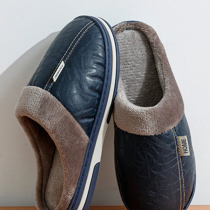 Big Size Winter Casual Men's Slippers Indoor Waterproof PU Leather Home Shoes Fur Flat Warm Fashion Bedroom Houseshoes