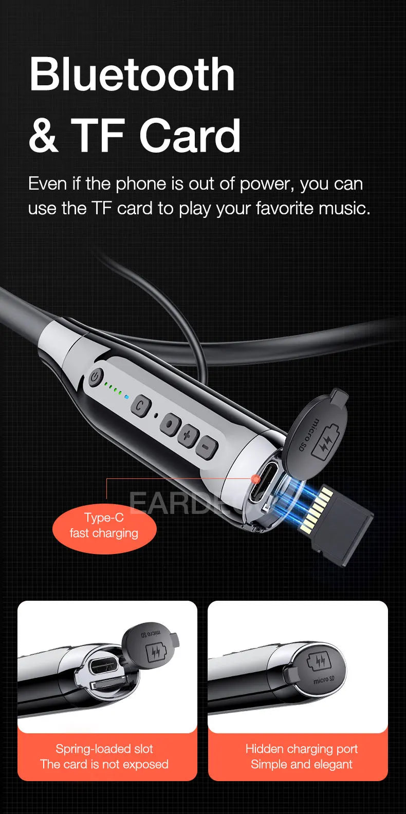 EARDECO 100 Hours Endurance Wireless Headphones Bass Bluetooth Headphone Inear Neckband Earphones Sport Headset with Mic Stereo