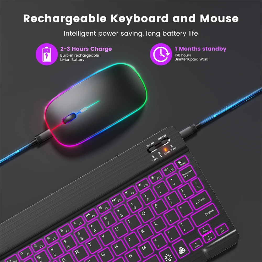 For iPad Backlit Backlight Bluetooth Keyboard Mouse For IOS Android Windows Portuguese Arabic Russian Spanish keyboard and Mouse