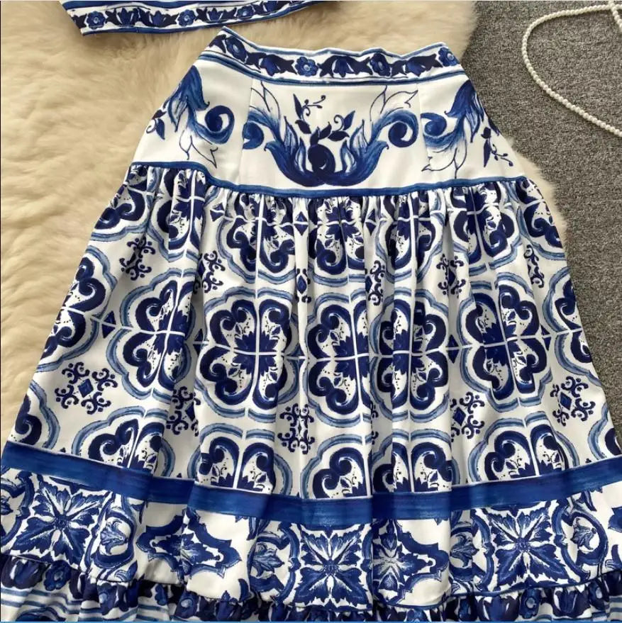 JAMERARY Summer Runway Blue And White Porcelain Two Piece Set Women Flower Print Short Crop Top + Holiday Beach Maxi Skirt Suits