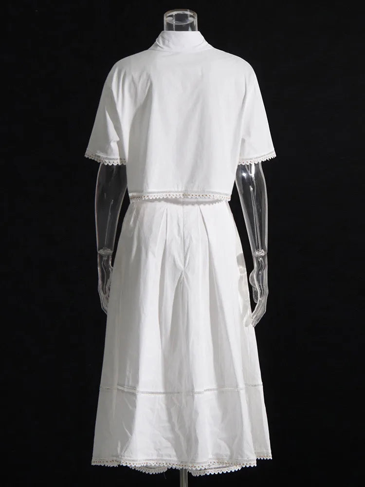 TWOTWINSTYLE Casual Two Piece Set For Women Lapel Short Sleeve Top High Waist A Line Skirt Minimalist Sets Female Fashion New