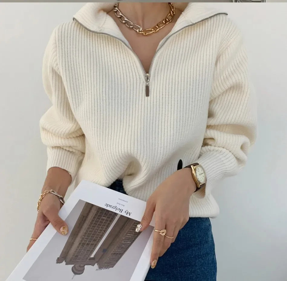 Women's Winter Sweaters Solid Grey Ladies Turtleneck Casual Loose Thick Zippers Pullovers Beautiful Oversized Sweater Women