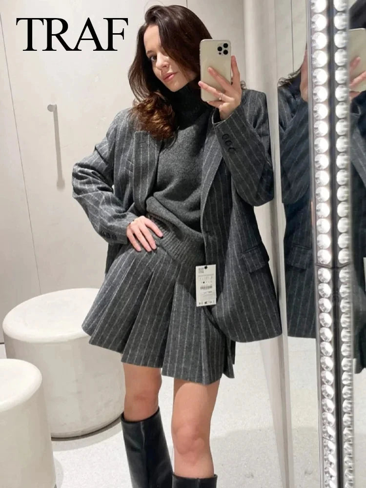 TRAF 2024 Spring Women Fashion Grey 2 Piece Sets Woman Pinstripes Pockets Slim Blazer Coat + Zipper Versatile Female Mini Skirts
