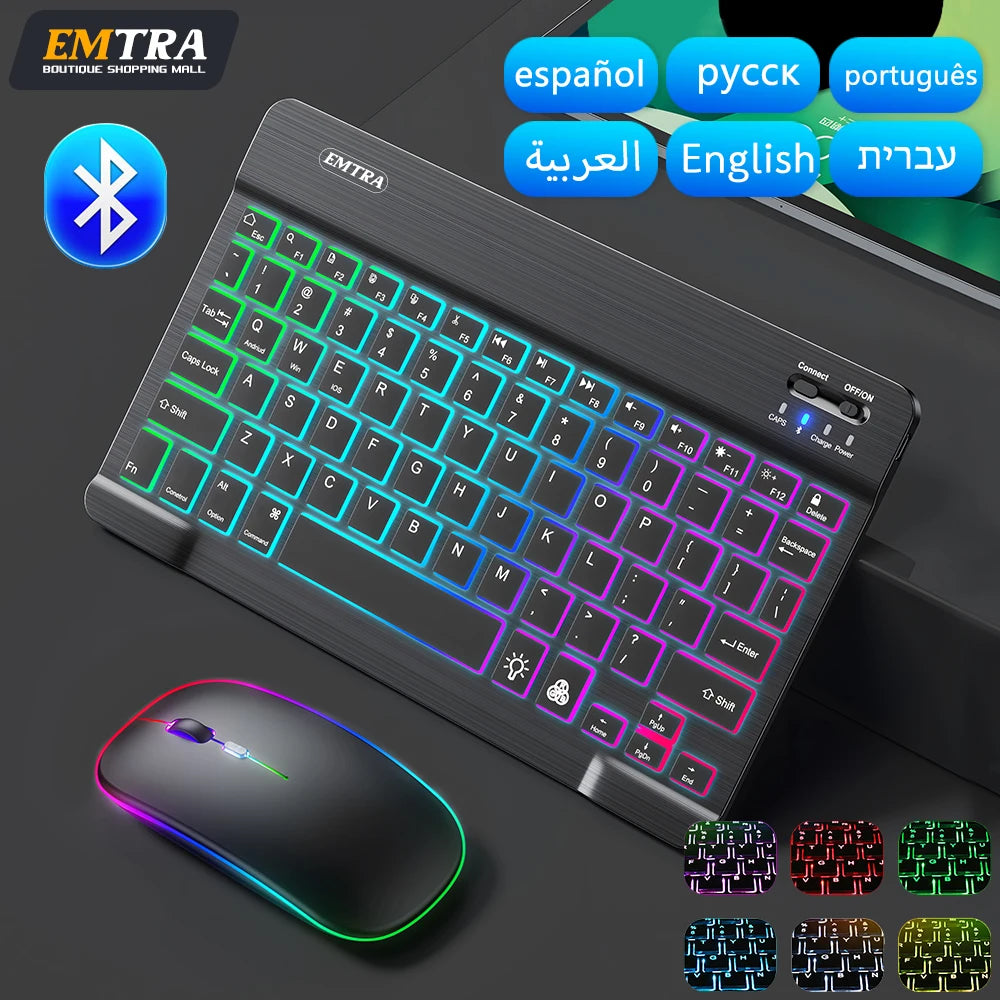 For iPad Backlit Backlight Bluetooth Keyboard Mouse For IOS Android Windows Portuguese Arabic Russian Spanish keyboard and Mouse