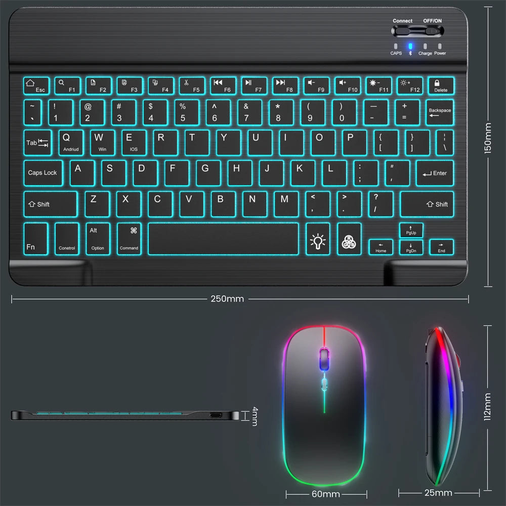 For iPad Backlit Backlight Bluetooth Keyboard Mouse For IOS Android Windows Portuguese Arabic Russian Spanish keyboard and Mouse